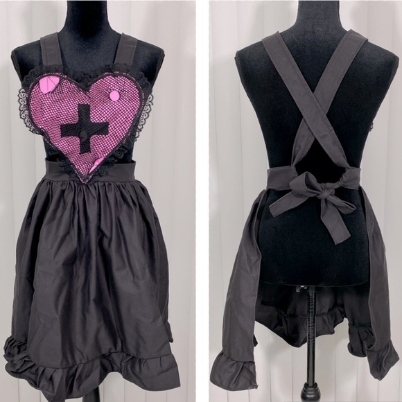 💔SOLD💔BERTHAUX Fix Me Netted Heart Apron Dress Ruffle Skirt Tie Waist Black Pink - Picture 5 of 12